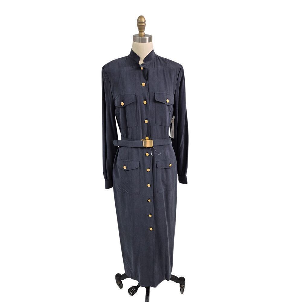 NWT Jack Mulqueen 90s 100% Sueded Silk muted Navy Shirt dress/belt Sz S/M 10